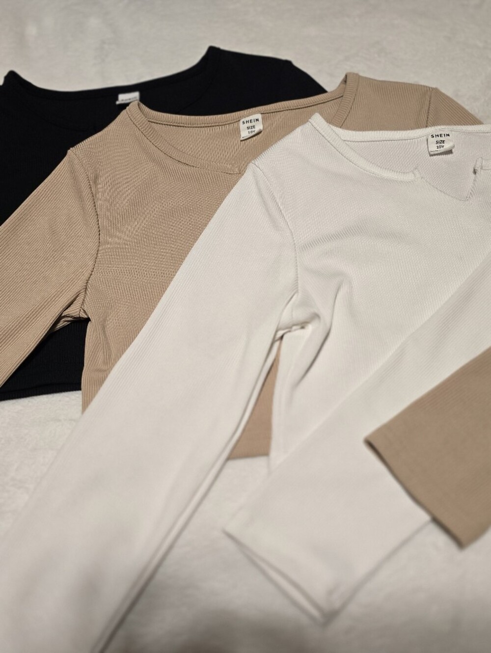 SHEIN Long Sleeve Ribbed Tops - Black, Beige, White